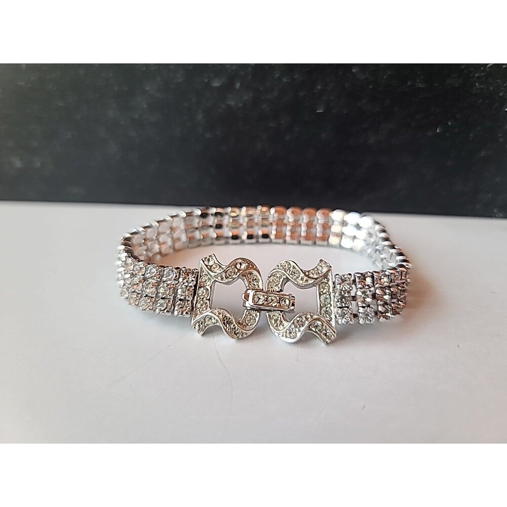 Prong Set Clear Rhinestone Silver Tone Metal Bracelet Vintage READ Description